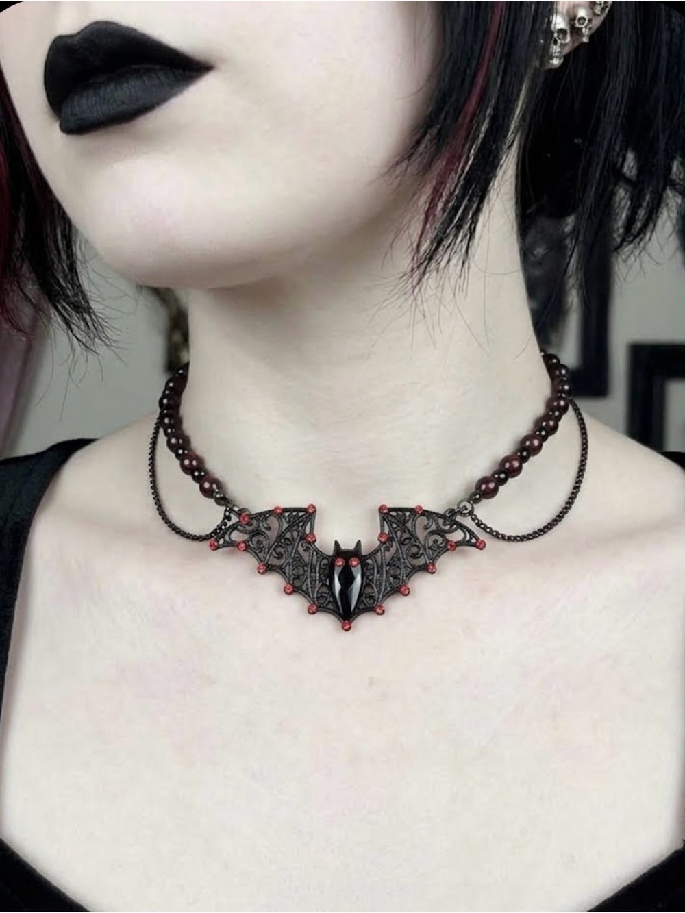 Hand Crafted Black and Red Bat Choker Necklace